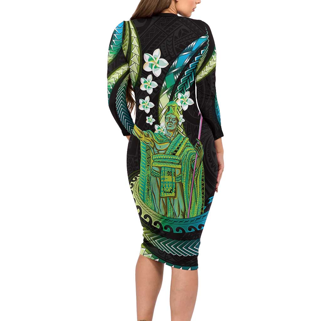 Hawaii King Kamehameha Family Matching Long Sleeve Bodycon Dress and Hawaiian Shirt Fantastic Plumeria Chartreuse Cyan