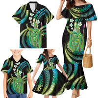 Hawaii King Kamehameha Family Matching Mermaid Dress and Hawaiian Shirt Fantastic Plumeria Chartreuse Cyan
