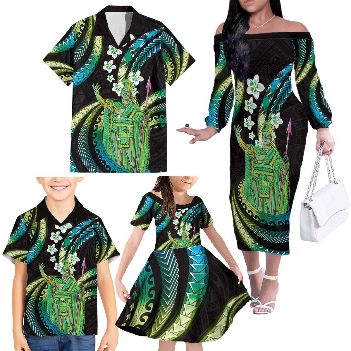 Hawaii King Kamehameha Family Matching Off The Shoulder Long Sleeve Dress and Hawaiian Shirt Fantastic Plumeria Chartreuse Cyan