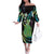 Hawaii King Kamehameha Family Matching Off The Shoulder Long Sleeve Dress and Hawaiian Shirt Fantastic Plumeria Chartreuse Cyan