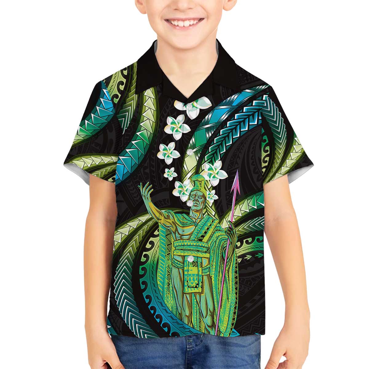 Hawaii King Kamehameha Family Matching Off The Shoulder Long Sleeve Dress and Hawaiian Shirt Fantastic Plumeria Chartreuse Cyan