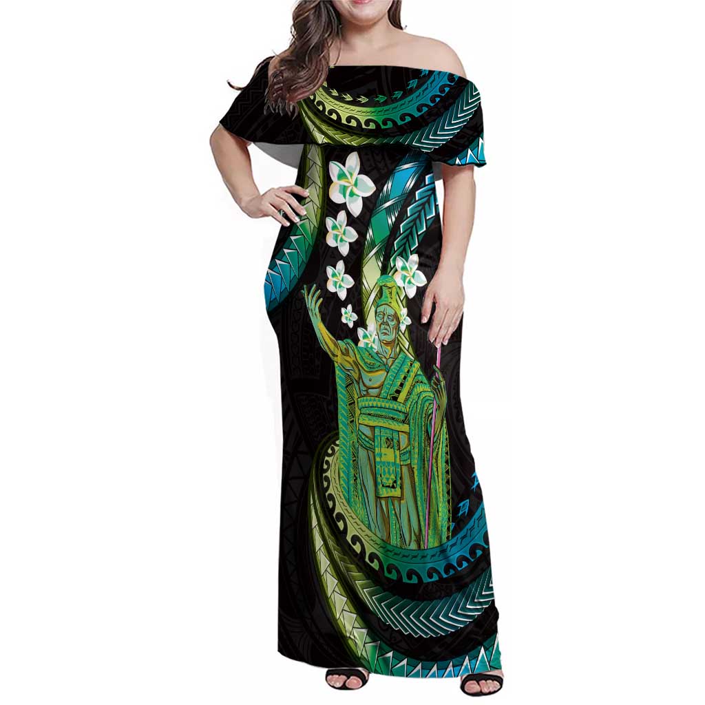 Hawaii King Kamehameha Family Matching Off Shoulder Maxi Dress and Hawaiian Shirt Fantastic Plumeria Chartreuse Cyan