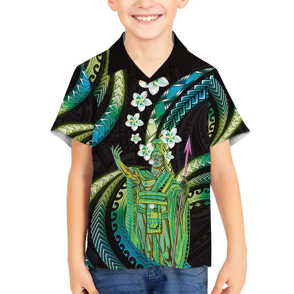 Hawaii King Kamehameha Family Matching Off Shoulder Maxi Dress and Hawaiian Shirt Fantastic Plumeria Chartreuse Cyan