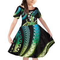 Hawaii King Kamehameha Family Matching Off Shoulder Short Dress and Hawaiian Shirt Fantastic Plumeria Chartreuse Cyan