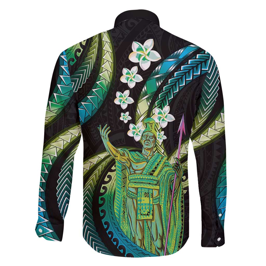 Hawaii King Kamehameha Family Matching Off Shoulder Short Dress and Hawaiian Shirt Fantastic Plumeria Chartreuse Cyan