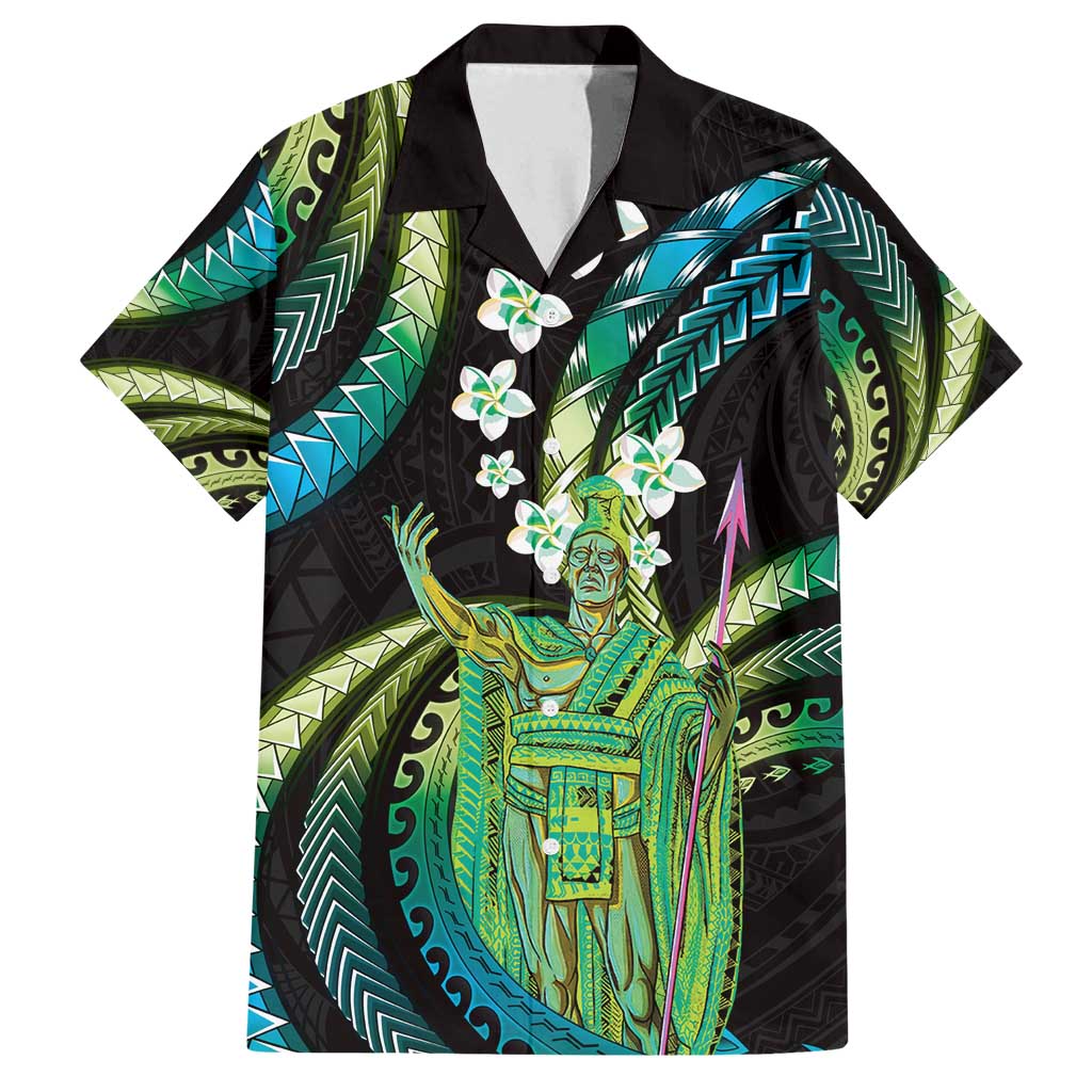 Hawaii King Kamehameha Family Matching Puletasi and Hawaiian Shirt Fantastic Plumeria Chartreuse Cyan LT01 Dad's Shirt - Short Sleeve Cyan - Polynesian Pride