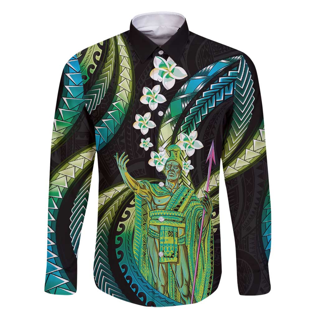 Hawaii King Kamehameha Family Matching Puletasi and Hawaiian Shirt Fantastic Plumeria Chartreuse Cyan LT01 Dad's Shirt - Long Sleeve Cyan - Polynesian Pride
