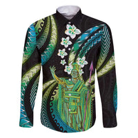 Hawaii King Kamehameha Family Matching Puletasi and Hawaiian Shirt Fantastic Plumeria Chartreuse Cyan LT01 Dad's Shirt - Long Sleeve Cyan - Polynesian Pride