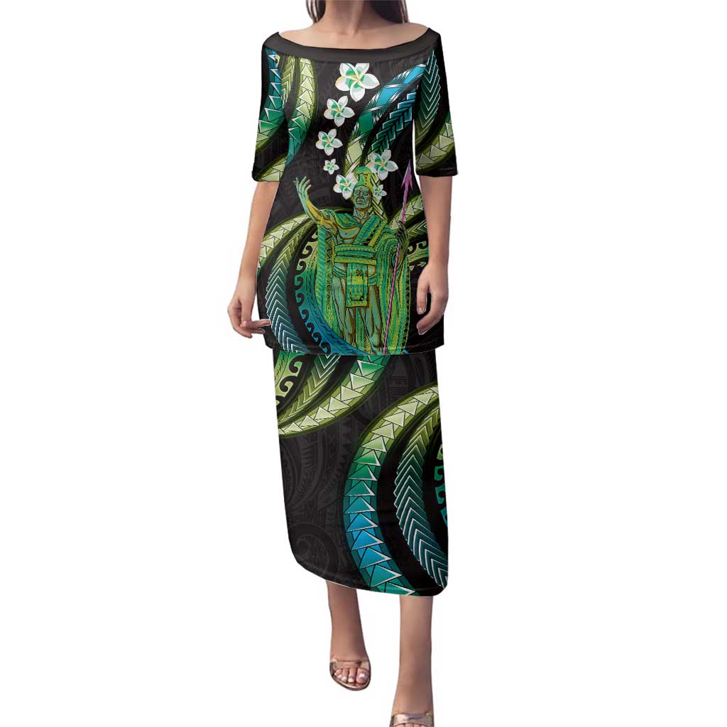 Hawaii King Kamehameha Family Matching Puletasi and Hawaiian Shirt Fantastic Plumeria Chartreuse Cyan LT01 Mom's Dress Cyan - Polynesian Pride