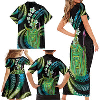Hawaii King Kamehameha Family Matching Short Sleeve Bodycon Dress and Hawaiian Shirt Fantastic Plumeria Chartreuse Cyan