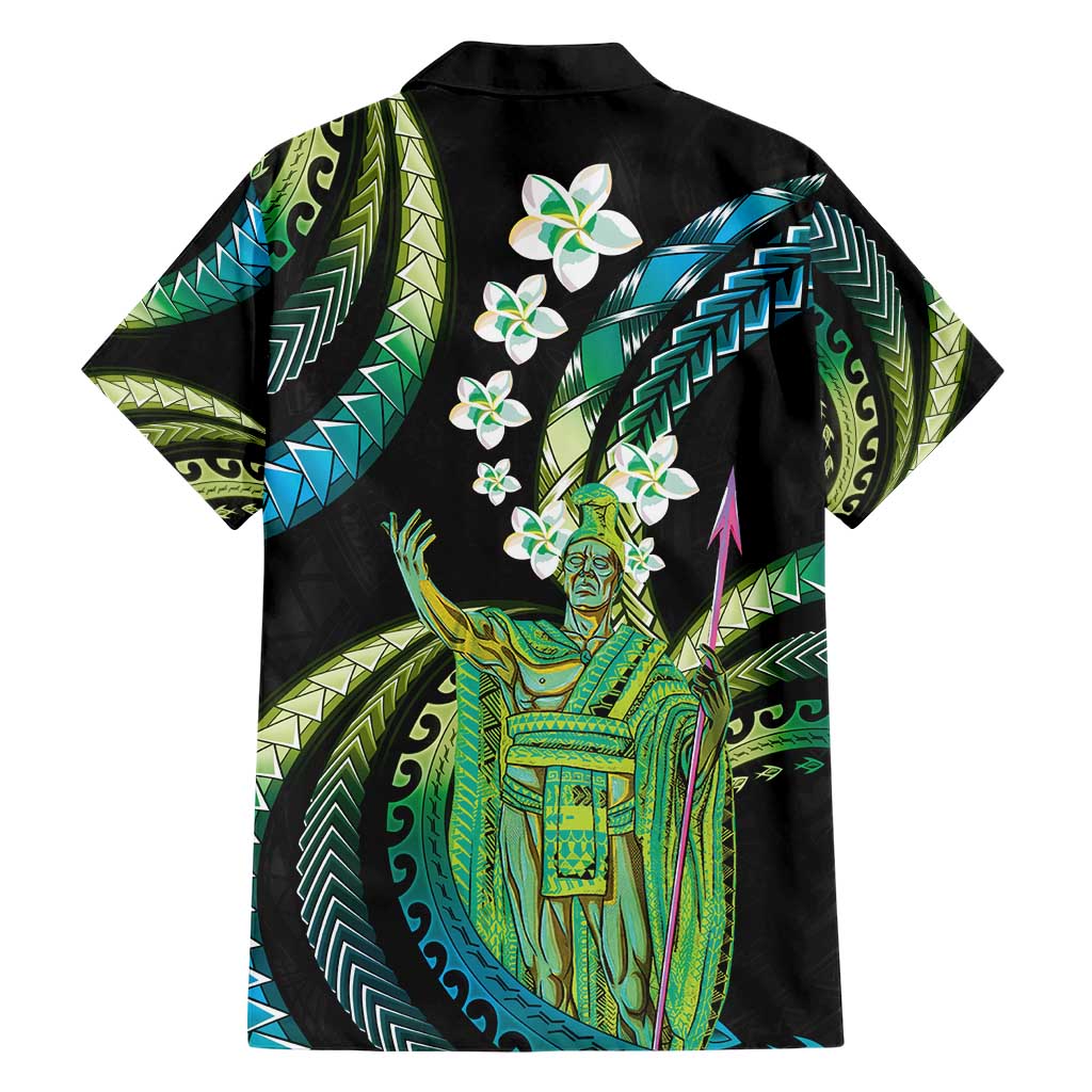 Hawaii King Kamehameha Family Matching Short Sleeve Bodycon Dress and Hawaiian Shirt Fantastic Plumeria Chartreuse Cyan