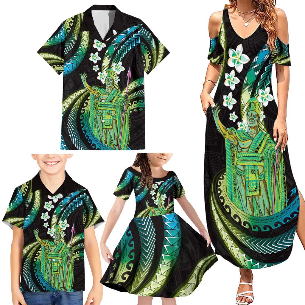 Hawaii King Kamehameha Family Matching Summer Maxi Dress and Hawaiian Shirt Fantastic Plumeria Chartreuse Cyan