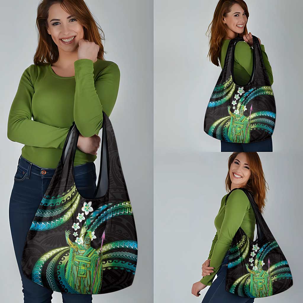Hawaii King Kamehameha Grocery Bag Fantastic Plumeria Chartreuse Cyan