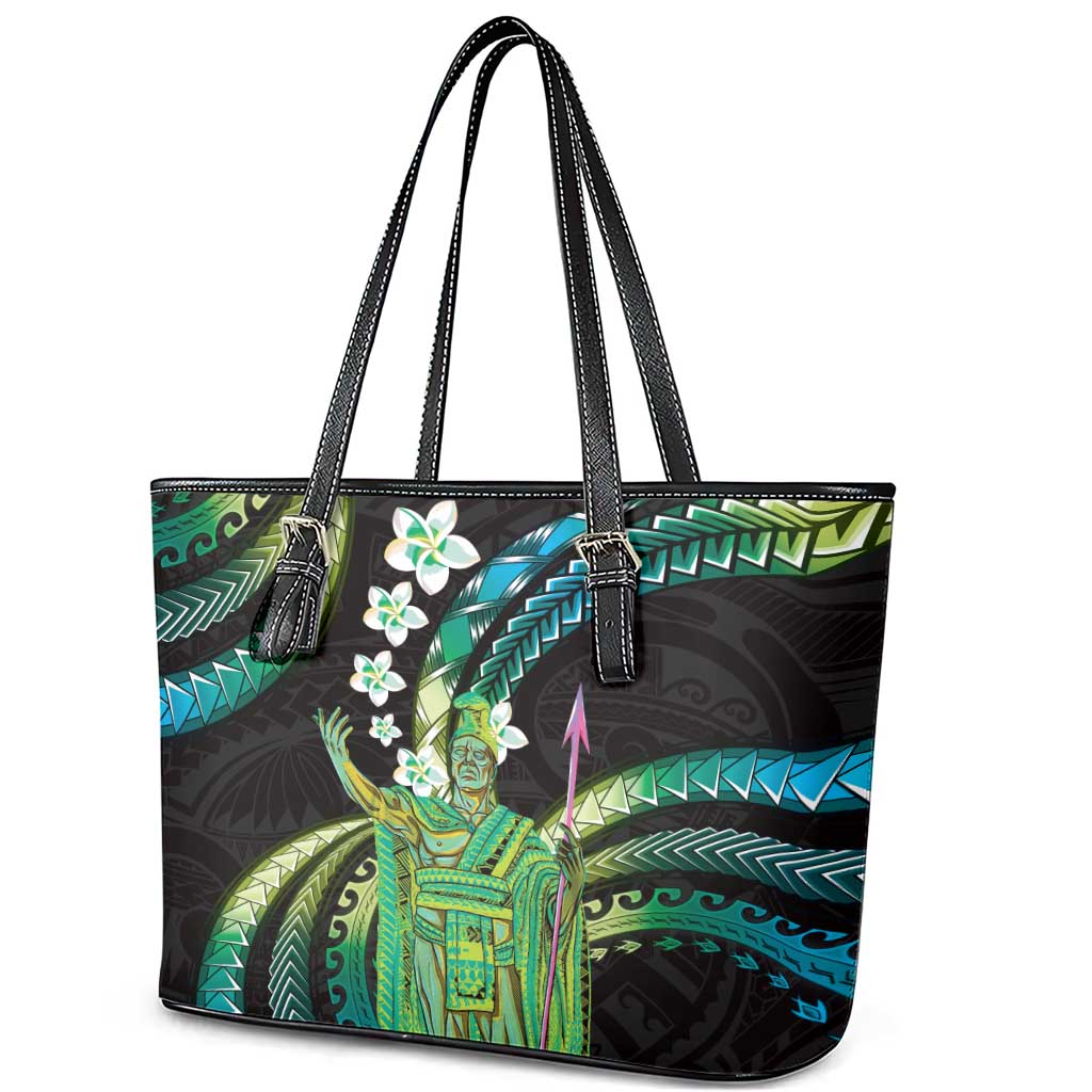 Hawaii King Kamehameha Leather Tote Bag Fantastic Plumeria Chartreuse Cyan