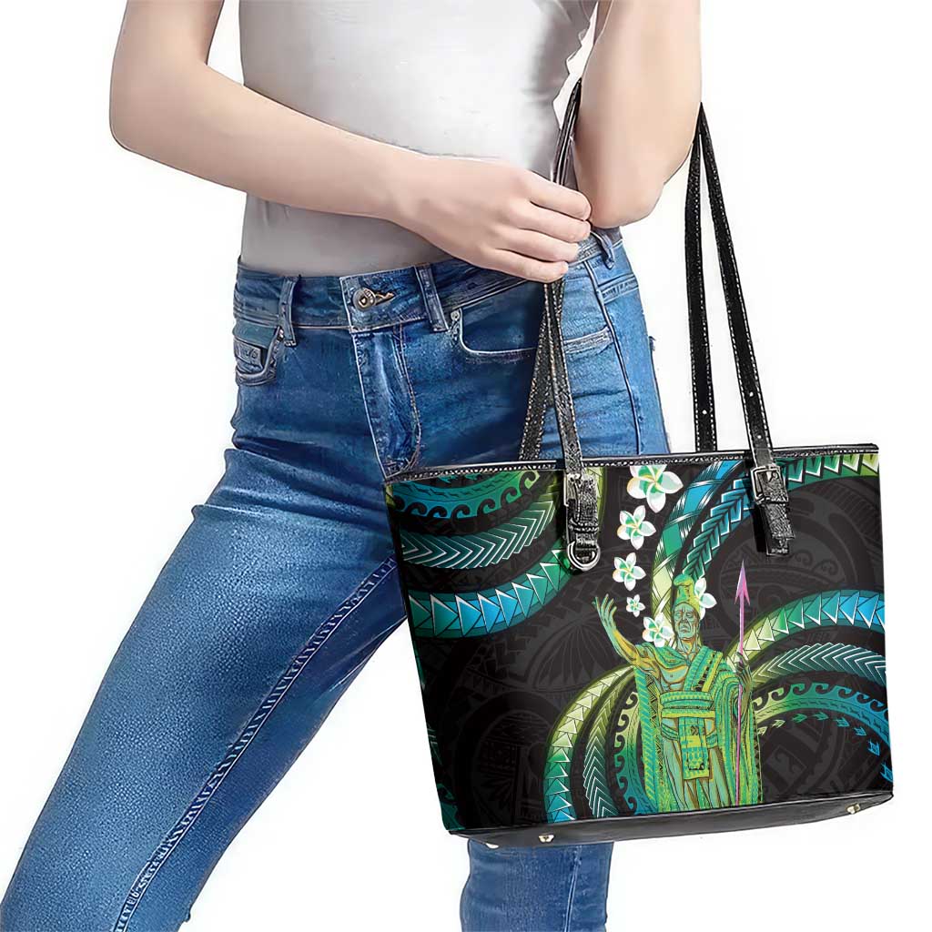 Hawaii King Kamehameha Leather Tote Bag Fantastic Plumeria Chartreuse Cyan