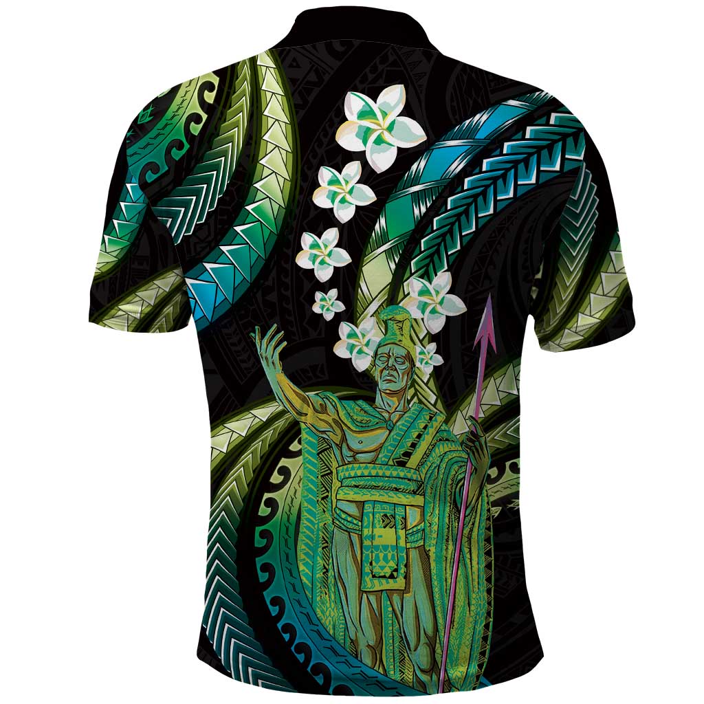 Hawaii King Kamehameha Polo Shirt Fantastic Plumeria Chartreuse Cyan