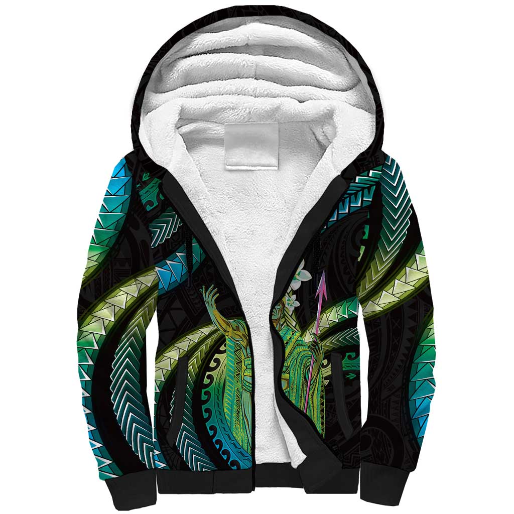 Hawaii King Kamehameha Sherpa Hoodie Fantastic Plumeria Chartreuse Cyan LT01 Unisex Cyan - Polynesian Pride