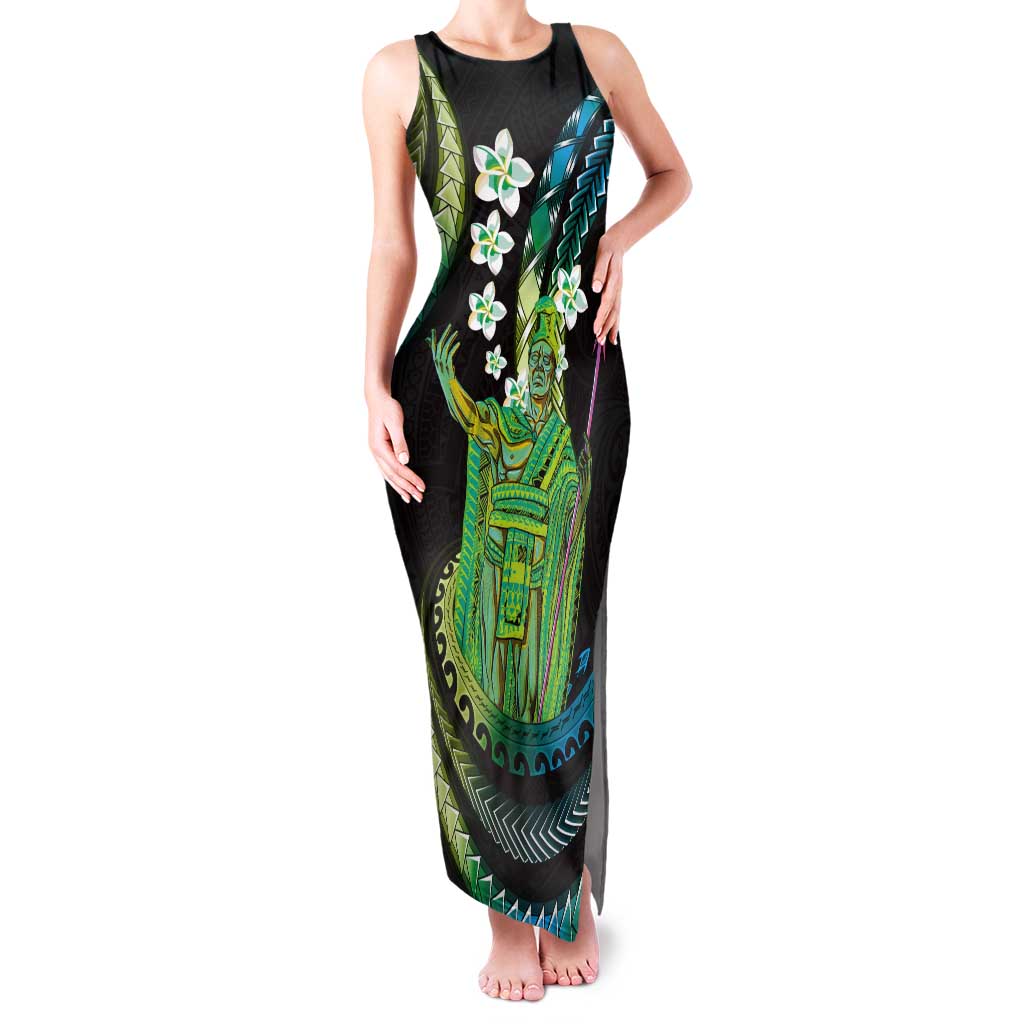 Hawaii King Kamehameha Tank Maxi Dress Fantastic Plumeria Chartreuse Cyan