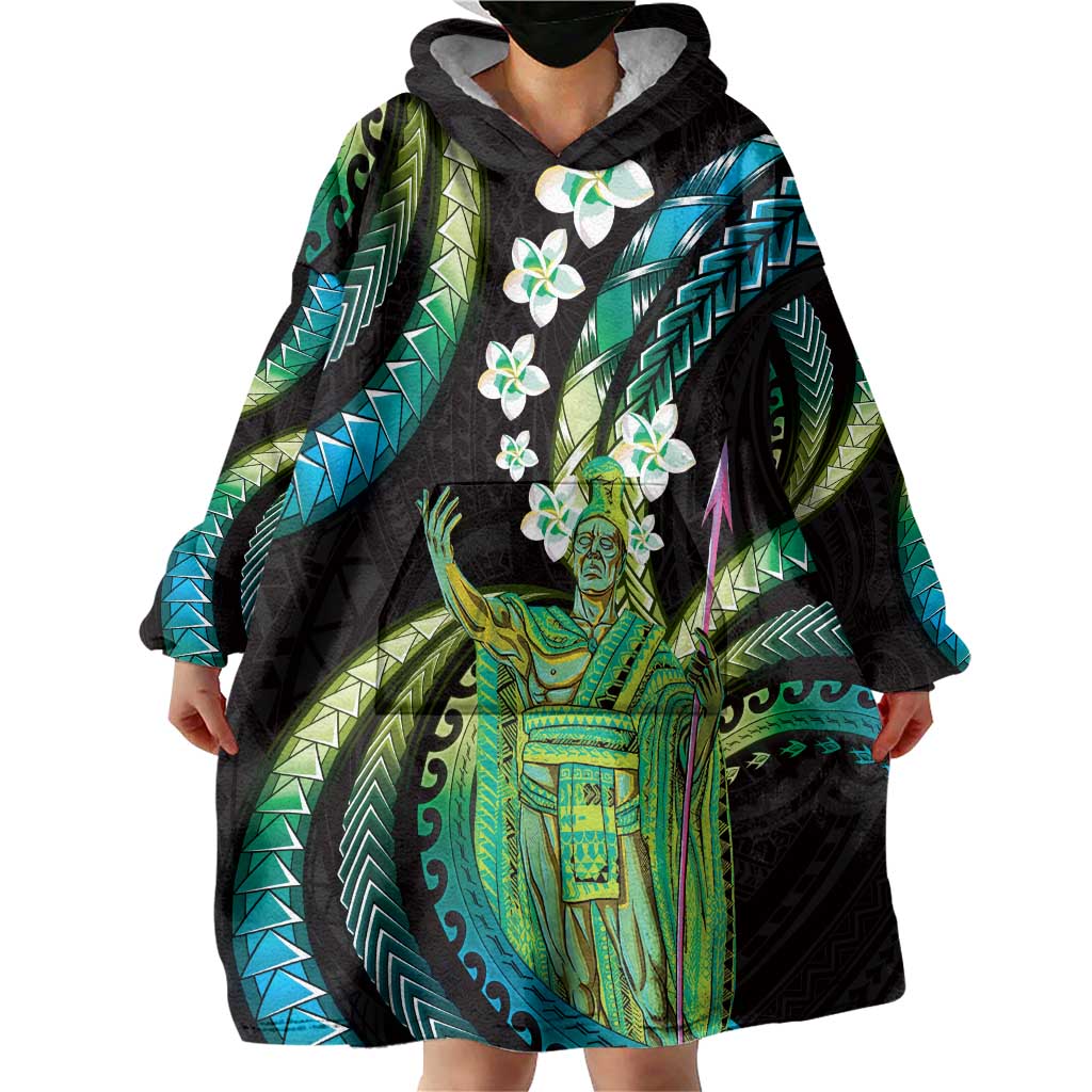 Hawaii King Kamehameha Wearable Blanket Hoodie Fantastic Plumeria Chartreuse Cyan LT01 - Polynesian Pride