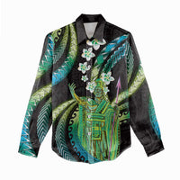 Hawaii King Kamehameha Women Casual Shirt Fantastic Plumeria Chartreuse Cyan