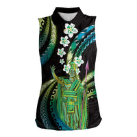 Hawaii King Kamehameha Women Sleeveless Polo Shirt Fantastic Plumeria Chartreuse Cyan