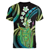 Hawaii King Kamehameha Women V-Neck T-Shirt Fantastic Plumeria Chartreuse Cyan LT01 - Polynesian Pride
