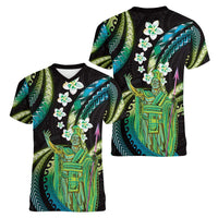 Hawaii King Kamehameha Women V-Neck T-Shirt Fantastic Plumeria Chartreuse Cyan LT01 - Polynesian Pride