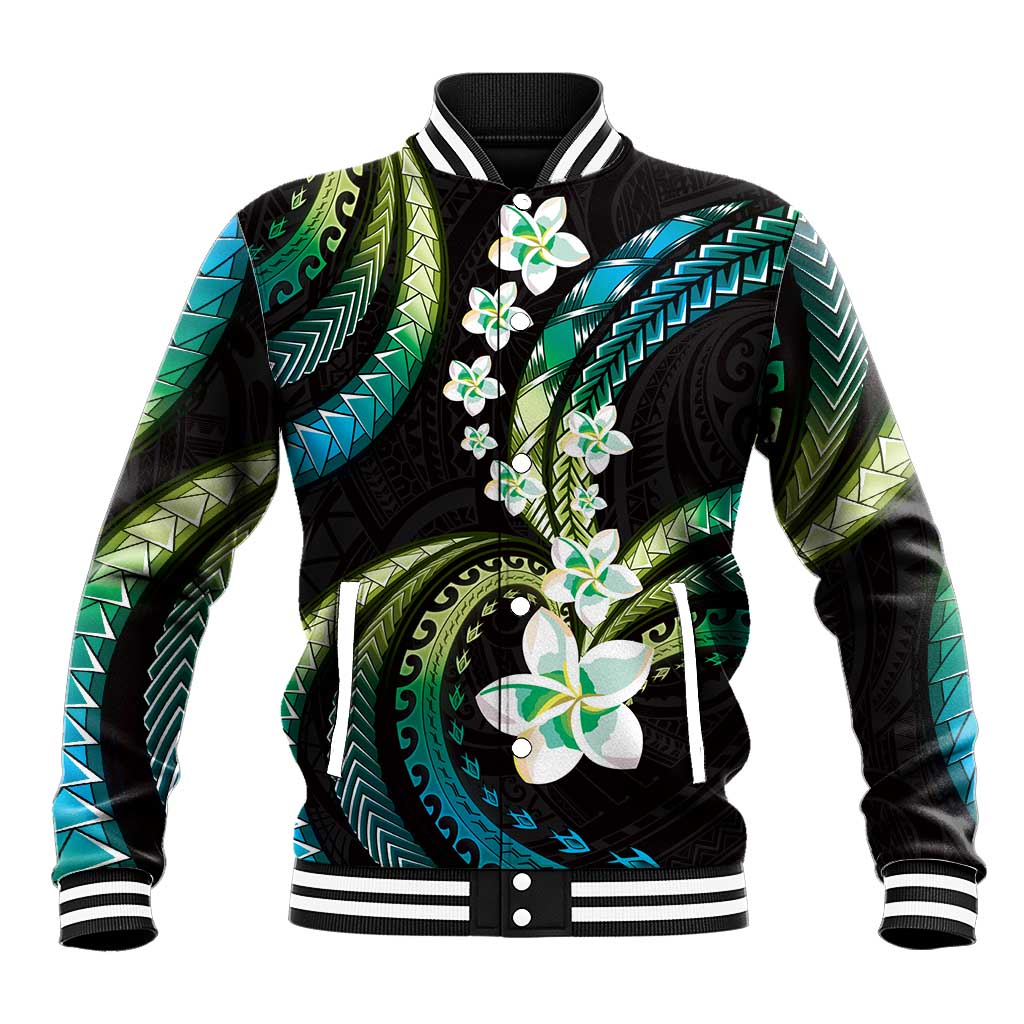 Hawaii Plumeria Baseball Jacket Chartreuse Cyan Polynesian Pattern