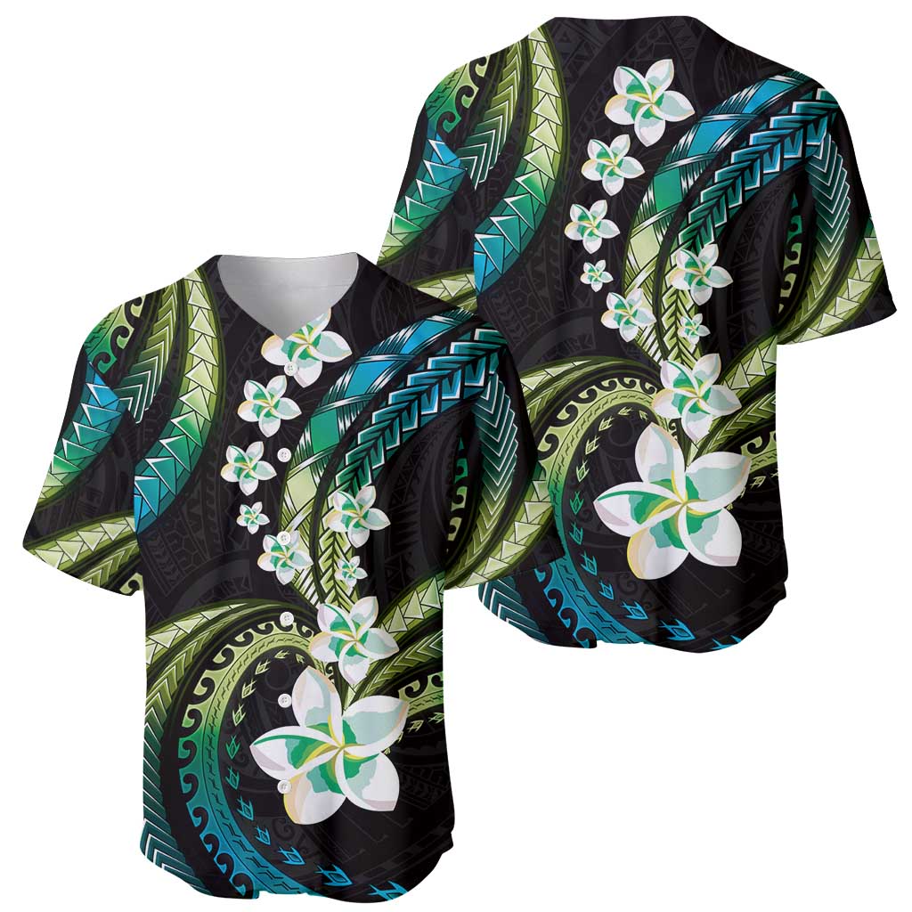 Hawaii Plumeria Baseball Jersey Chartreuse Cyan Polynesian Pattern
