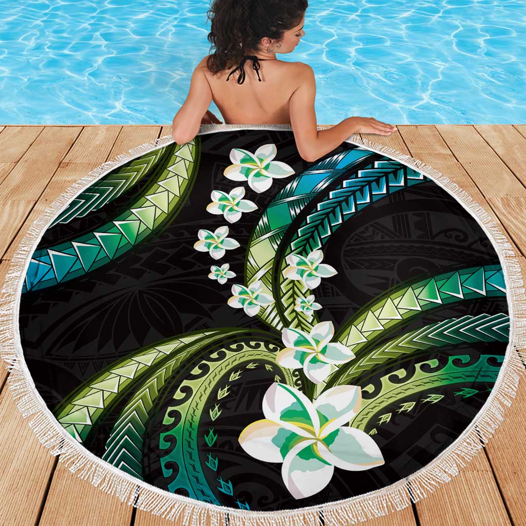 Hawaii Plumeria Beach Blanket Chartreuse Cyan Polynesian Pattern