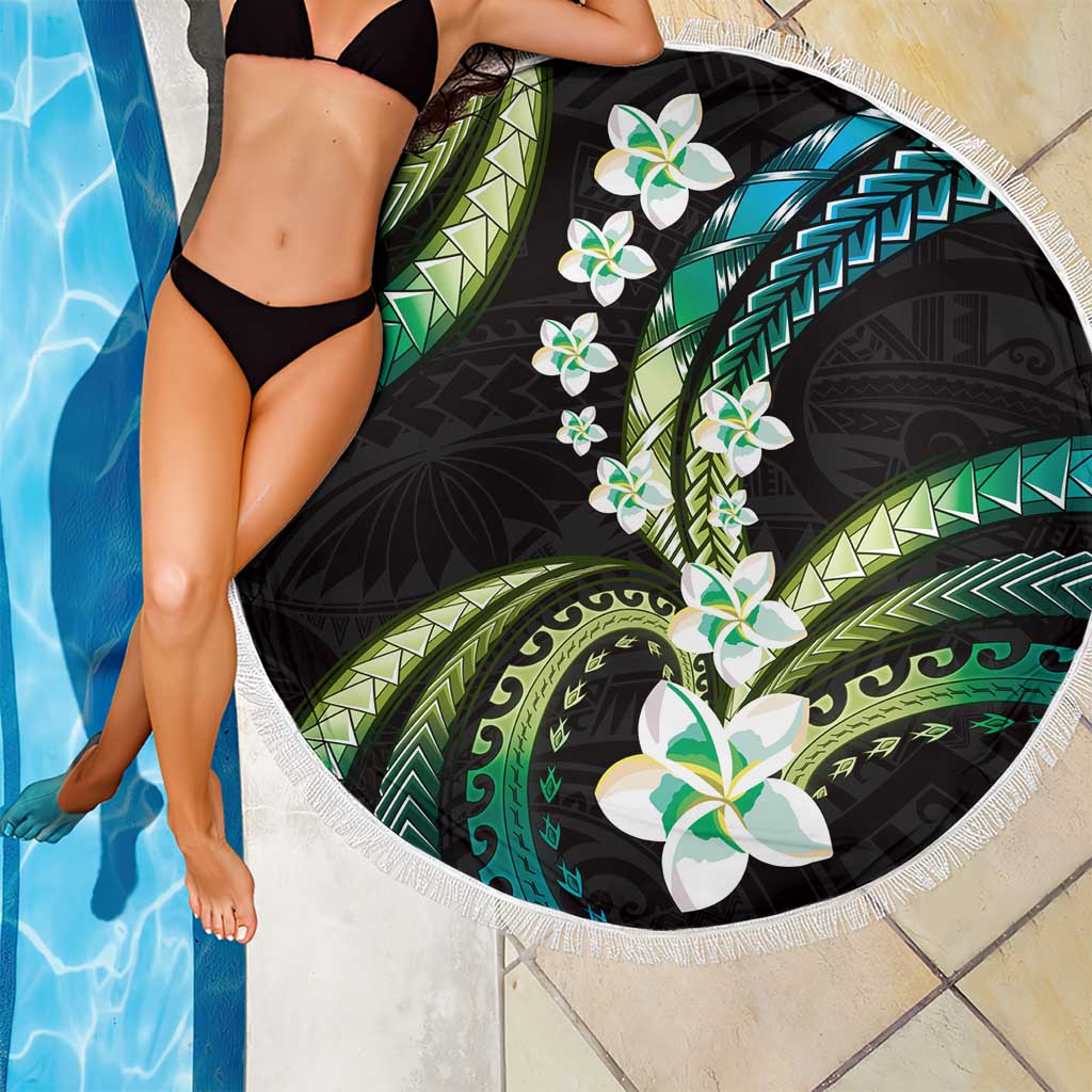 Hawaii Plumeria Beach Blanket Chartreuse Cyan Polynesian Pattern
