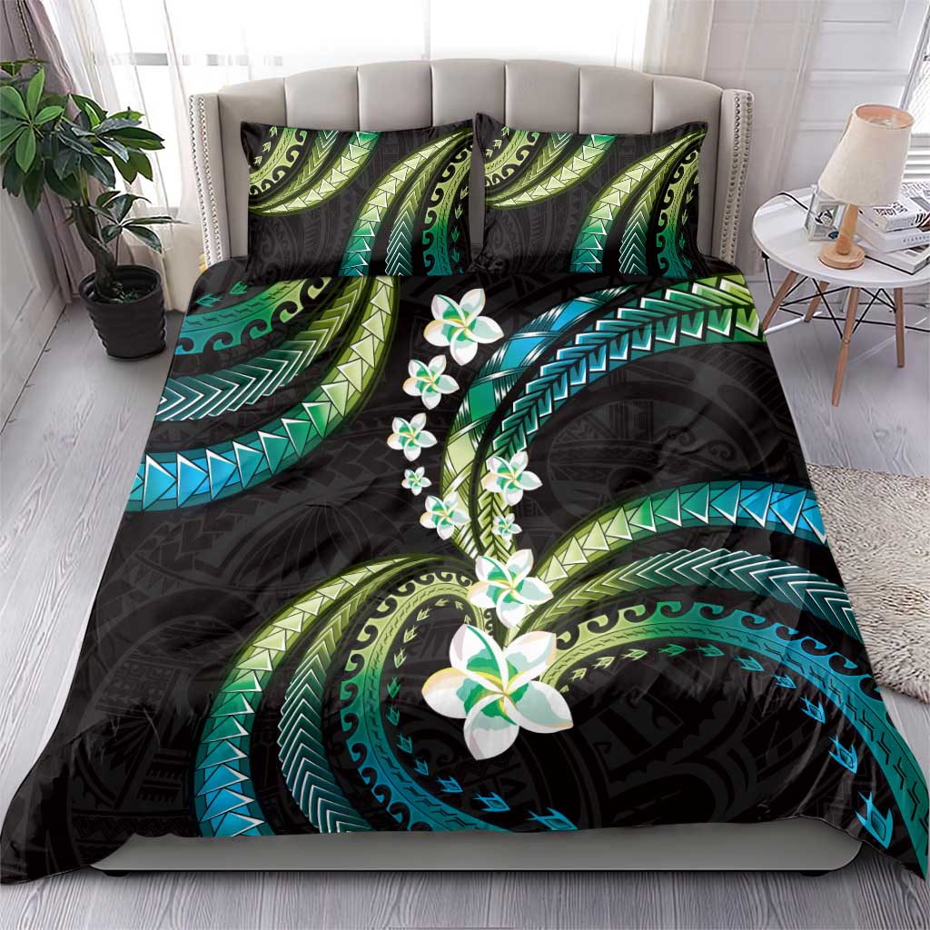 Hawaii Plumeria Bedding Set Chartreuse Cyan Polynesian Pattern