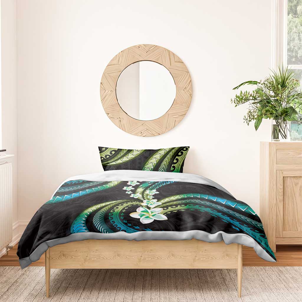 Hawaii Plumeria Bedding Set Chartreuse Cyan Polynesian Pattern
