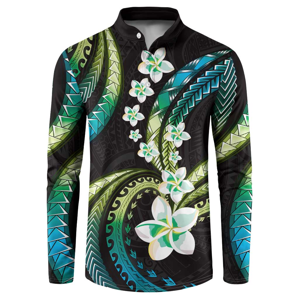 Hawaii Plumeria Button Sweatshirt Chartreuse Cyan Polynesian Pattern