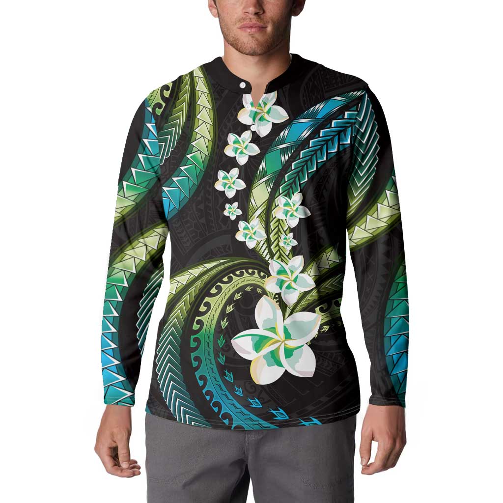 Hawaii Plumeria Button Sweatshirt Chartreuse Cyan Polynesian Pattern