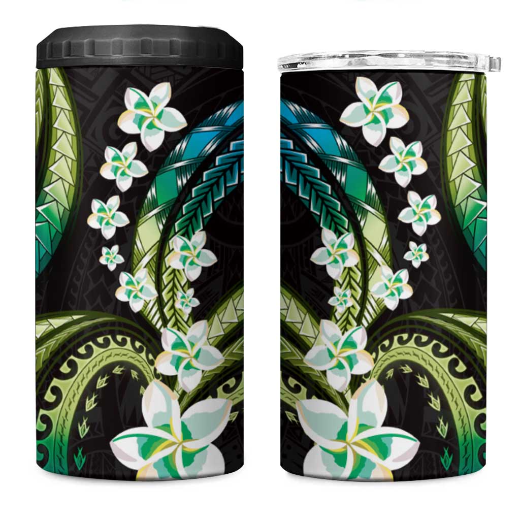 Hawaii Plumeria 4 in 1 Can Cooler Tumbler Chartreuse Cyan Polynesian Pattern