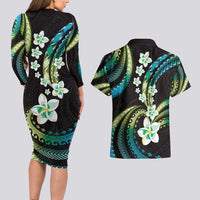 Hawaii Plumeria Couples Matching Long Sleeve Bodycon Dress and Hawaiian Shirt Chartreuse Cyan Polynesian Pattern