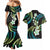 Hawaii Plumeria Couples Matching Mermaid Dress and Hawaiian Shirt Chartreuse Cyan Polynesian Pattern