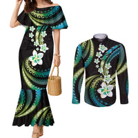 Hawaii Plumeria Couples Matching Mermaid Dress and Long Sleeve Button Shirt Chartreuse Cyan Polynesian Pattern