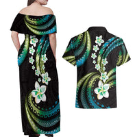 Hawaii Plumeria Couples Matching Off Shoulder Maxi Dress and Hawaiian Shirt Chartreuse Cyan Polynesian Pattern
