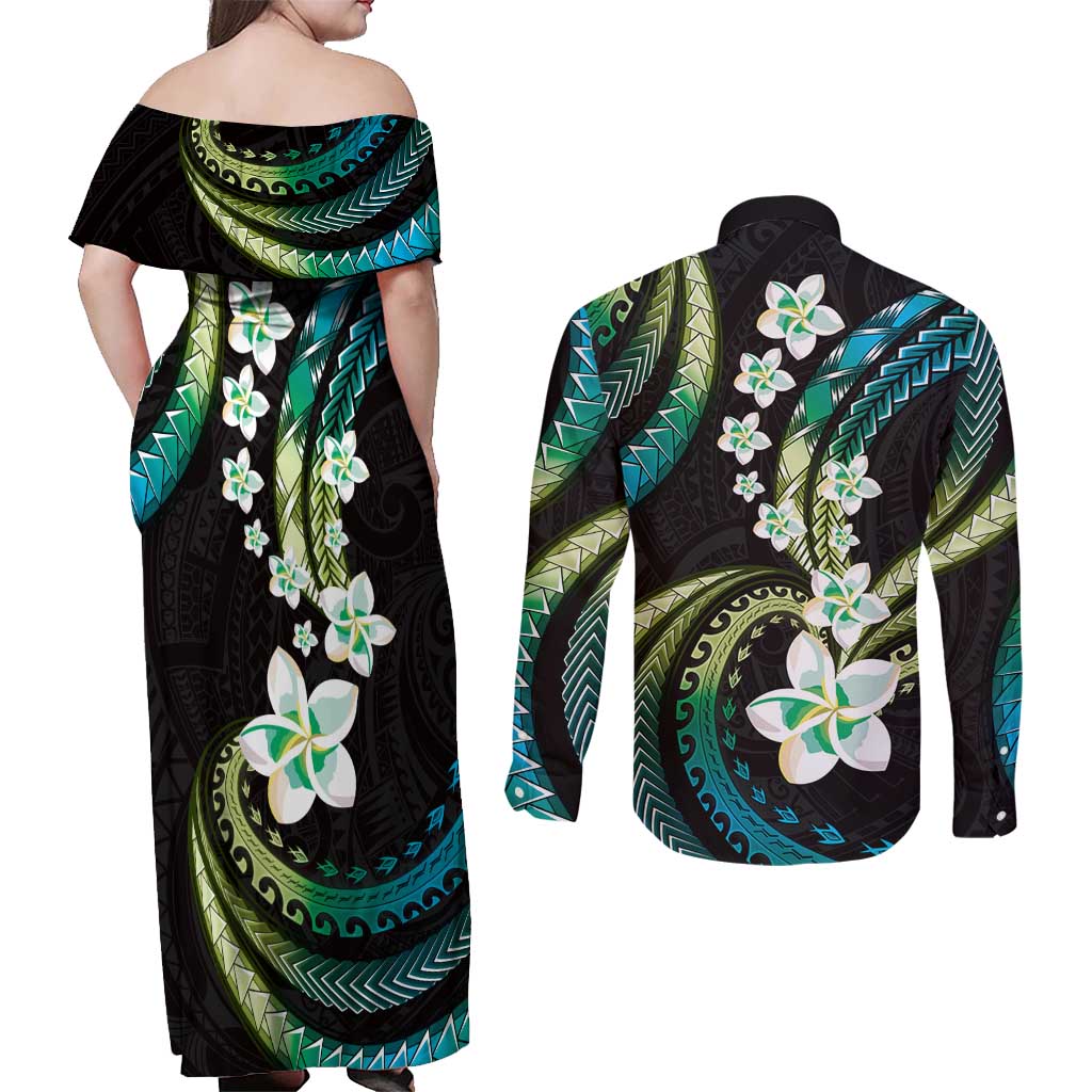 Hawaii Plumeria Couples Matching Off Shoulder Maxi Dress and Long Sleeve Button Shirt Chartreuse Cyan Polynesian Pattern
