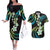 Hawaii Plumeria Couples Matching Off The Shoulder Long Sleeve Dress and Hawaiian Shirt Chartreuse Cyan Polynesian Pattern