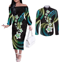 Hawaii Plumeria Couples Matching Off The Shoulder Long Sleeve Dress and Long Sleeve Button Shirt Chartreuse Cyan Polynesian Pattern