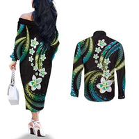 Hawaii Plumeria Couples Matching Off The Shoulder Long Sleeve Dress and Long Sleeve Button Shirt Chartreuse Cyan Polynesian Pattern