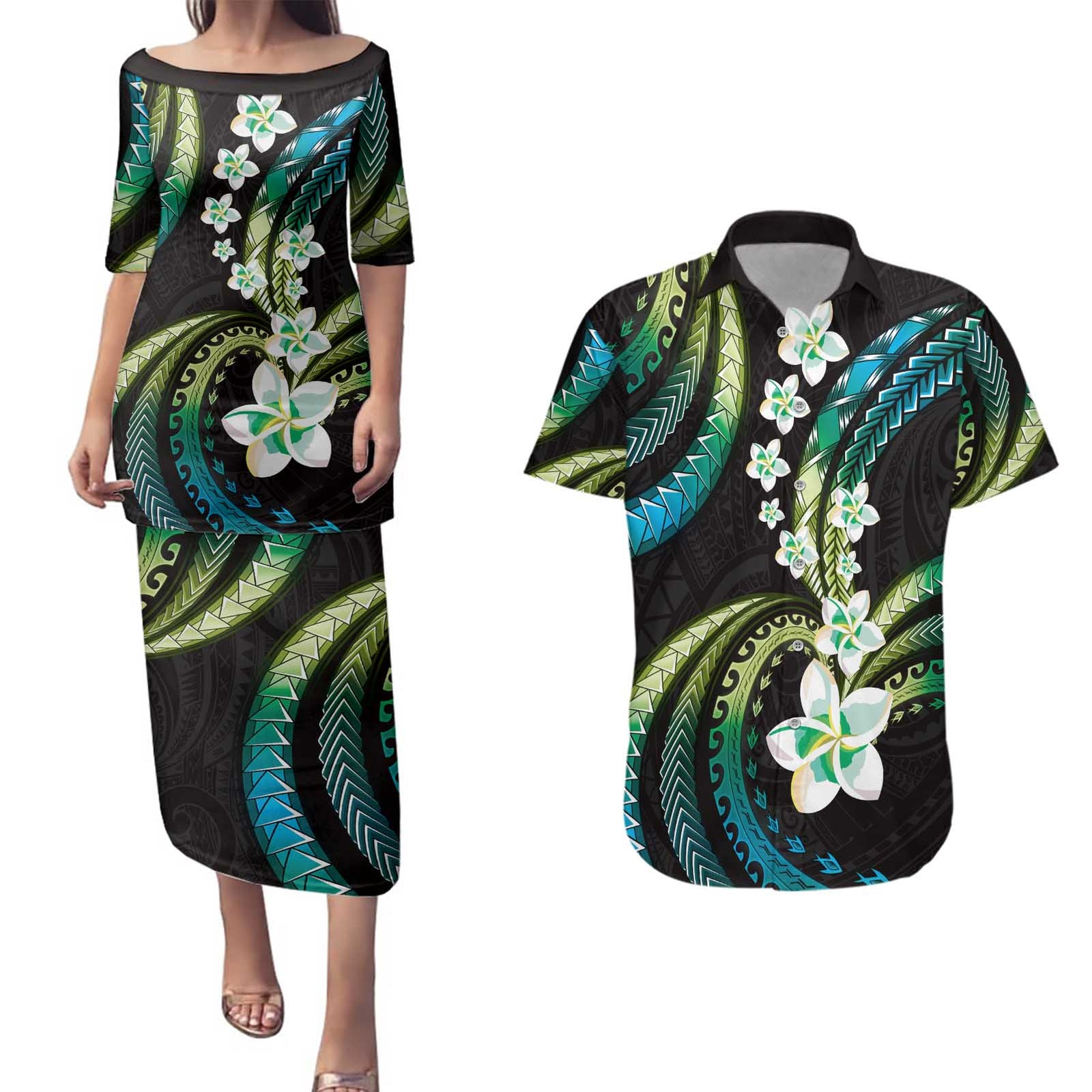 Hawaii Plumeria Couples Matching Puletasi and Hawaiian Shirt Chartreuse Cyan Polynesian Pattern