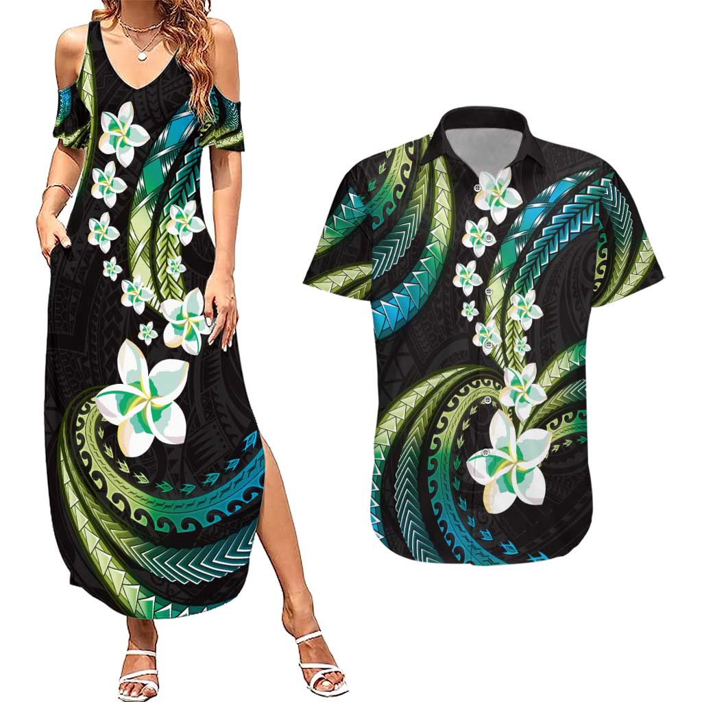 Hawaii Plumeria Couples Matching Summer Maxi Dress and Hawaiian Shirt Chartreuse Cyan Polynesian Pattern