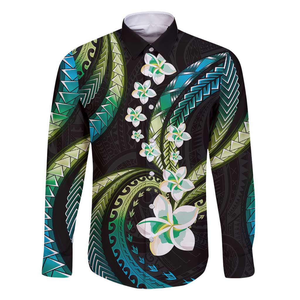 Hawaii Plumeria Family Matching Mermaid Dress and Hawaiian Shirt Chartreuse Cyan Polynesian Pattern
