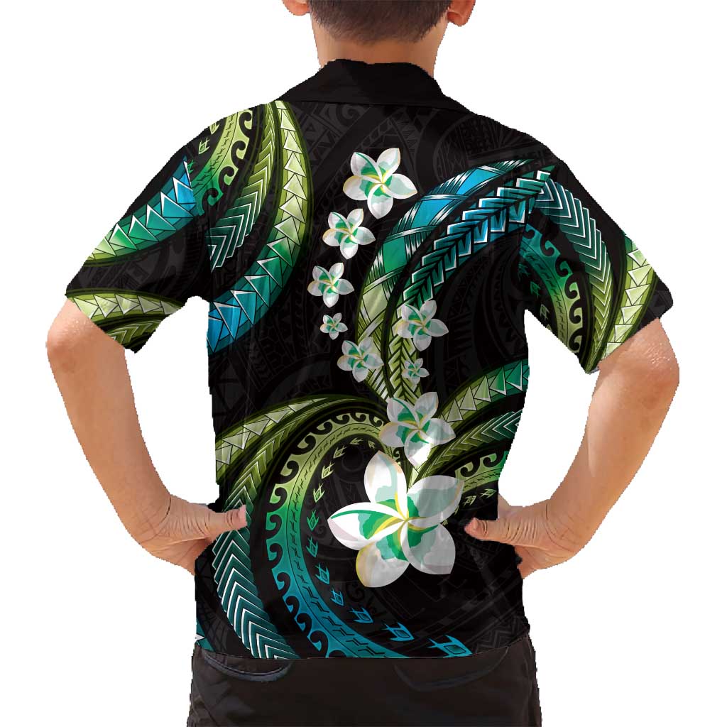 Hawaii Plumeria Family Matching Off Shoulder Maxi Dress and Hawaiian Shirt Chartreuse Cyan Polynesian Pattern