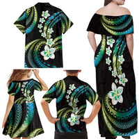 Hawaii Plumeria Family Matching Off Shoulder Maxi Dress and Hawaiian Shirt Chartreuse Cyan Polynesian Pattern