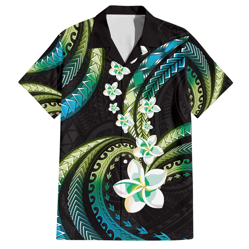 Hawaii Plumeria Family Matching Off Shoulder Maxi Dress and Hawaiian Shirt Chartreuse Cyan Polynesian Pattern